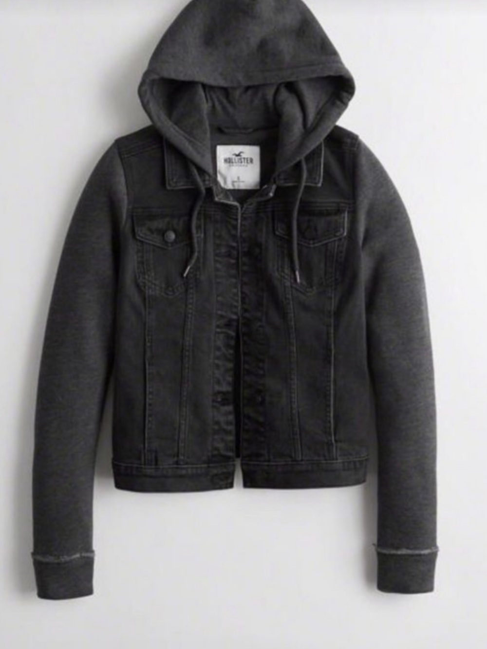 NWT Hollister Black Washed Denim Trucker Jacket with Hoodie